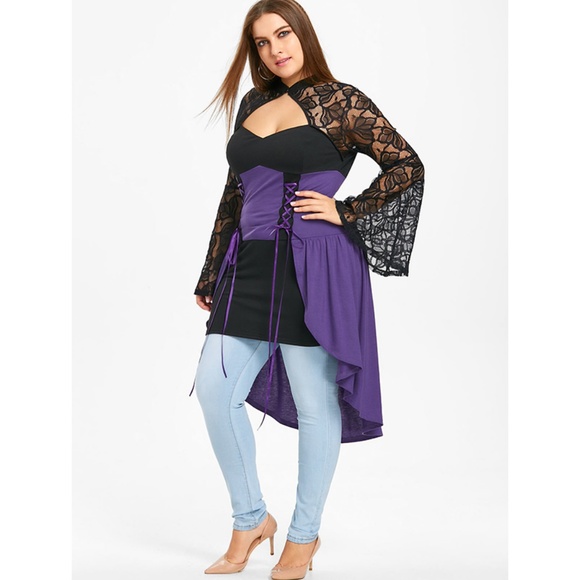  Plus Size Sheer Dip Hem Gothic Top - Purple - Picture 3 of 8